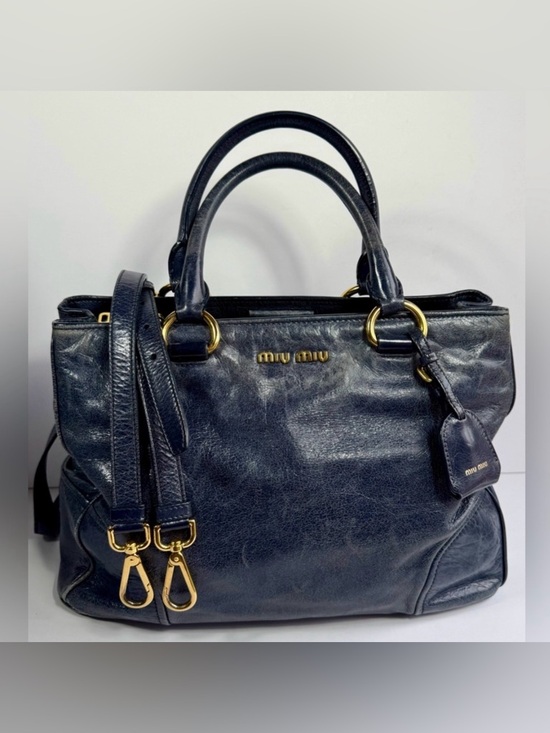 Miu Miu Handbags - Miu Miu Vitello Lux Navy Leather Satchel Tote Bag Gold Hardware Crossbody